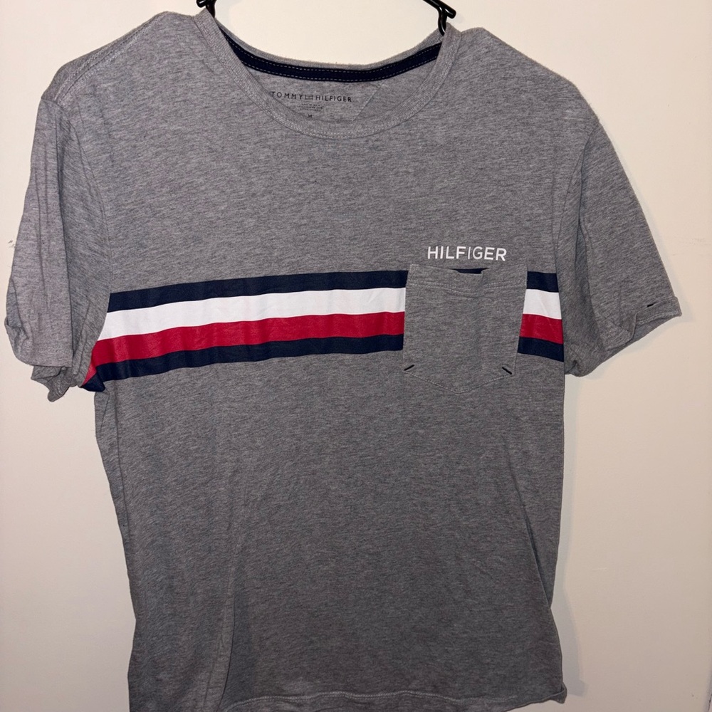 Tommy Hilfiger Heather Gray Tee with Tricolor Stripe